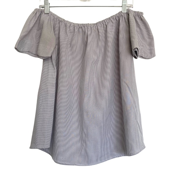 After Market | Gray & White Off the Shoulder Scalloped Sleeve Stripped B… - Picture 1 of 7